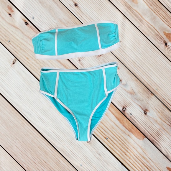 Terry Cloth High Waist Turquoise Retro Bandeau 2 Piece Bikini Plus Size 1X - Picture 4 of 4